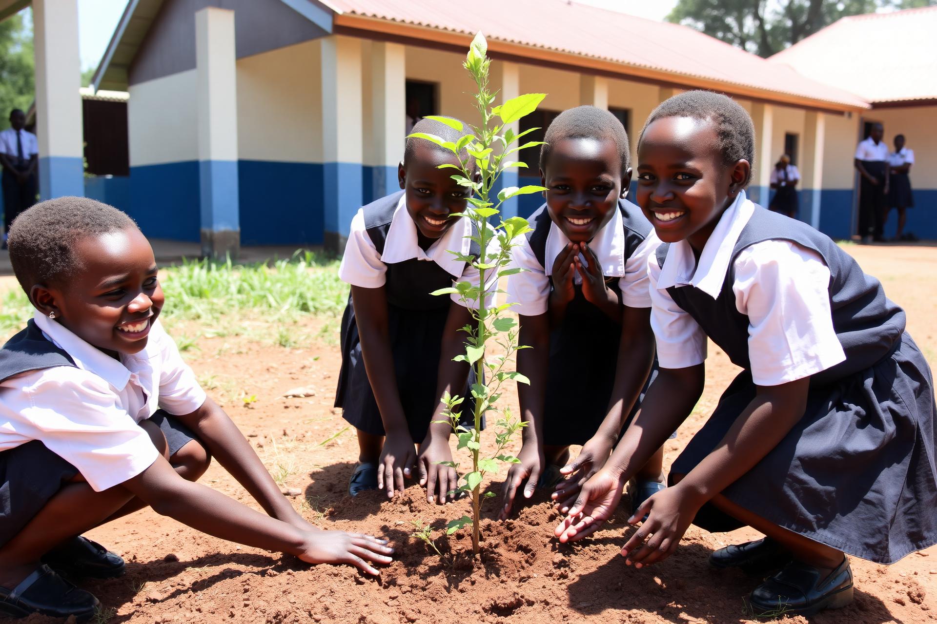 Élèves togolais plantant un arbre dans la cour de leur école